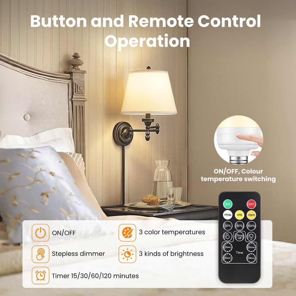 Rechargeable Light Bulb with Remote - E26 2Pack 5W 350LM Dimmable Detachable LED Bulb 3 Color Temperature Options & 3 Timer, 2000mAh Battery Operated Magnetic Bulbs, Bulbs for Non-Hardwired Fixture