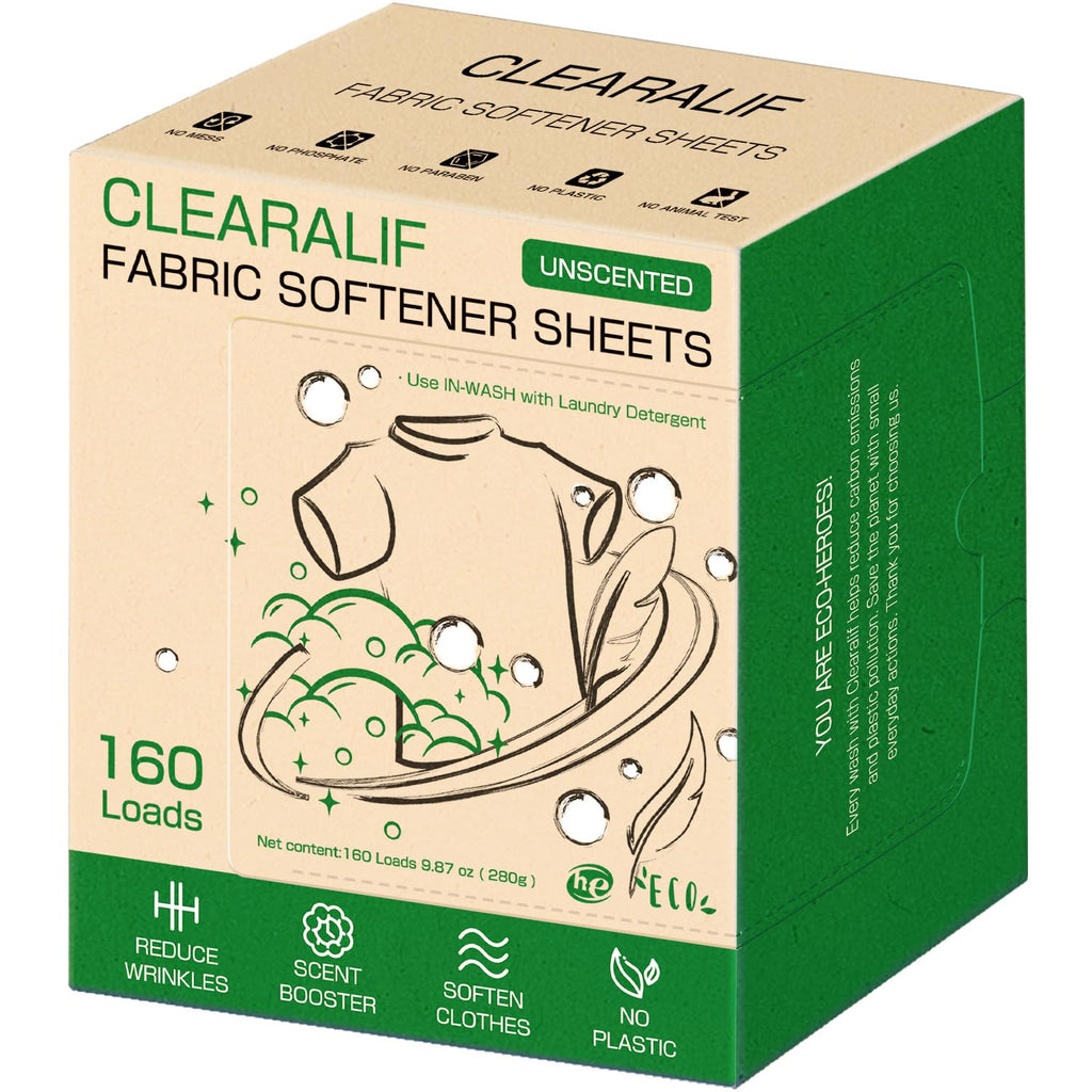 CLEARALIF Liquidless Fabric Softener Sheets, Unscented Scent, 160 Loads