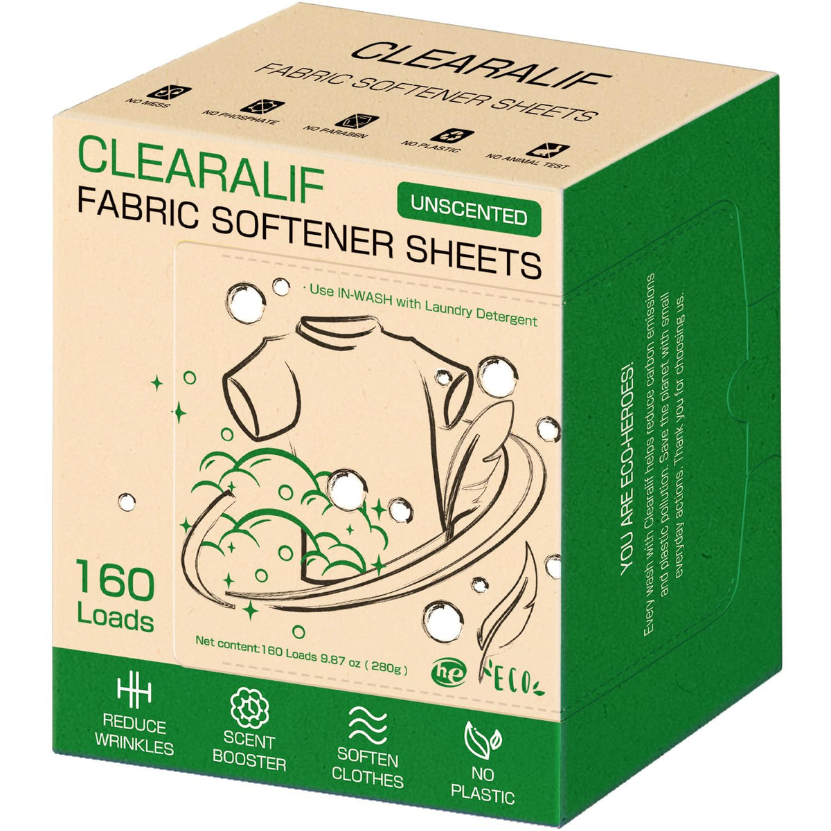 CLEARALIF Liquidless Fabric Softener Sheets, Unscented Scent, 160 Loads