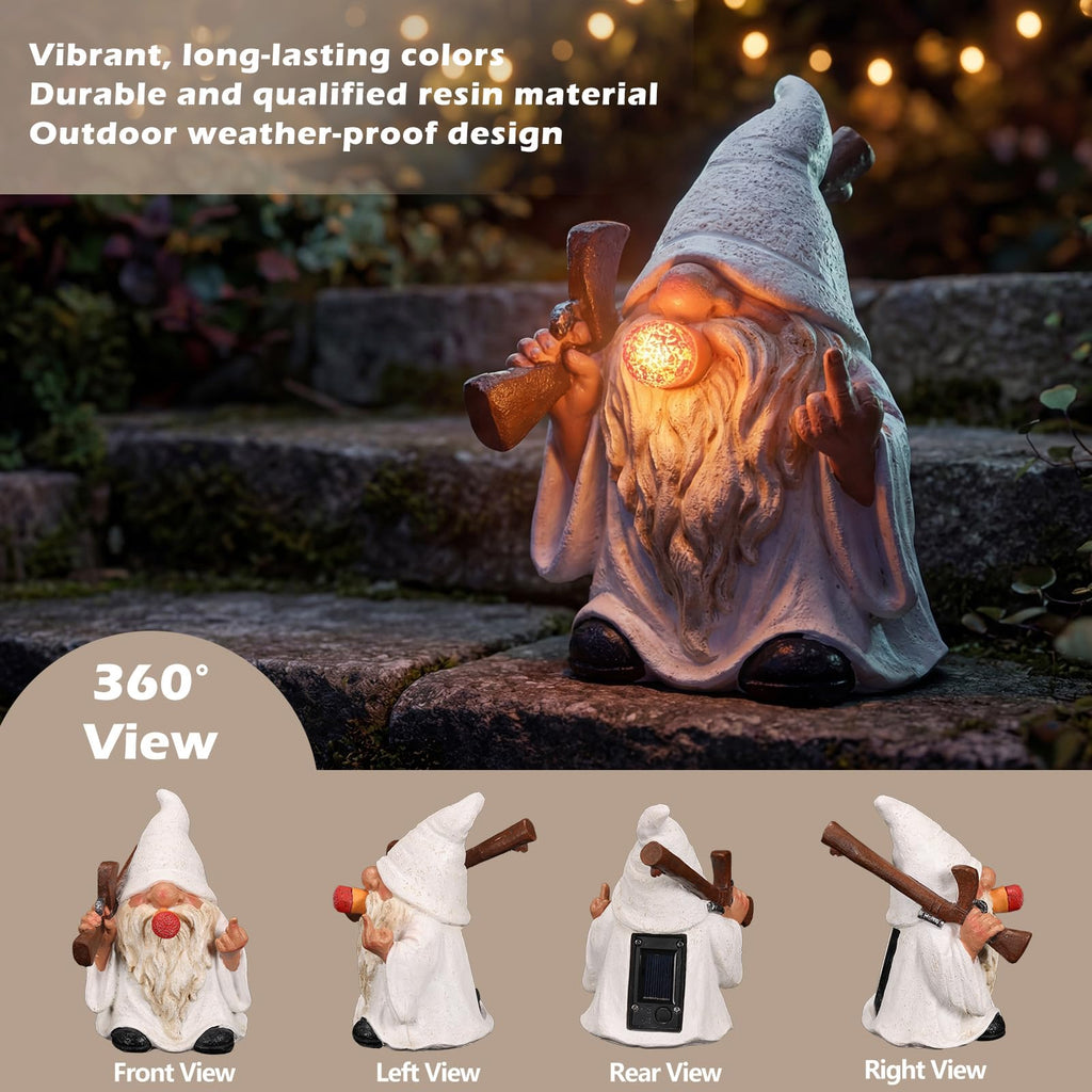 EXYGLO Solar Gnome Garden Statue Decor, 5.7" Middle Finger Gnome with Flickering Cigar Outdoor Funny Decoration for Lawn, Patio, Yard, and Unique Housewarming, Individual Birthday Ornament Gift