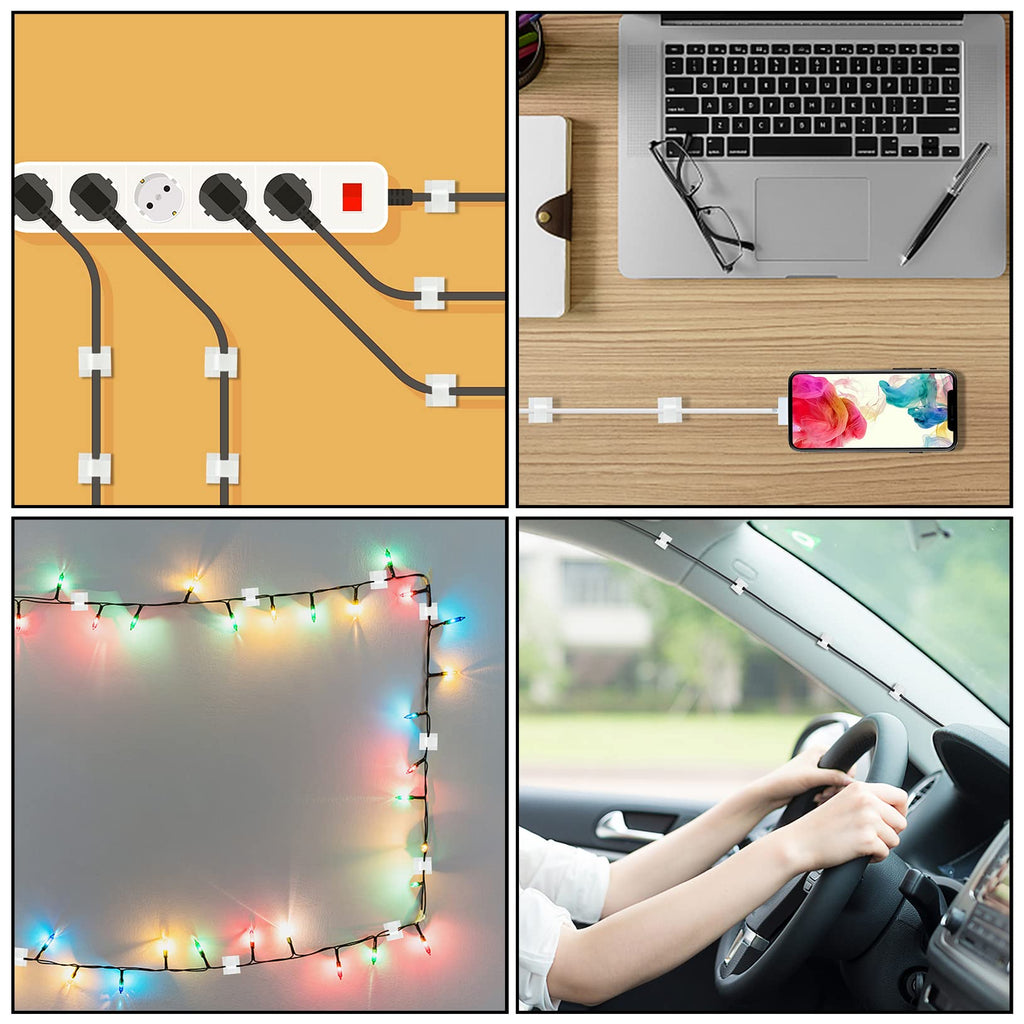 130 Pcs Cable Clips, Adhesive Cable Organizer Cord Holder Wire Clip Wire Management Self Adhesive Hooks Wire Holder for Office, Home(White, 130PCS-Large)