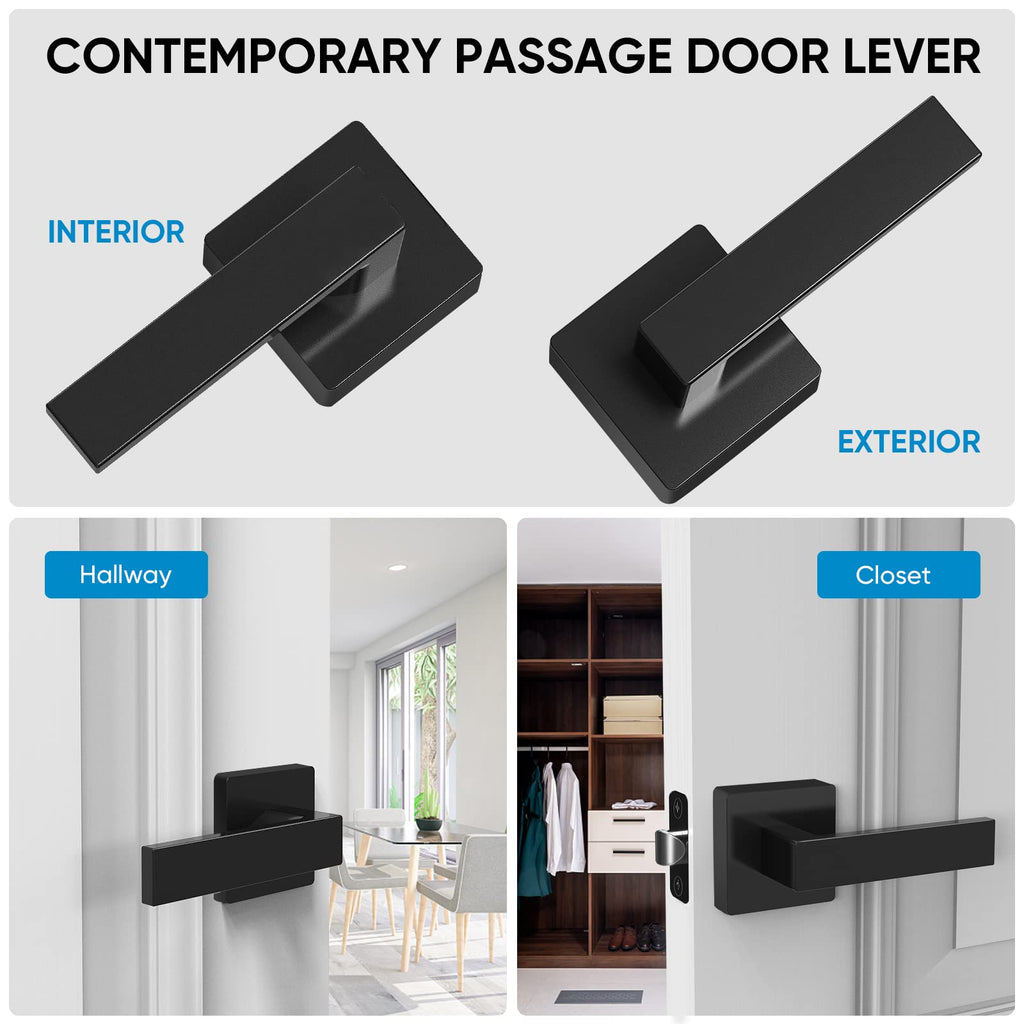 TICONN 1PK Matte Black Door Handles Interior, Reversible Square Door Levers Knob for Hallway, Bedroom, Bathroom (No Lock, 1PK Passage)