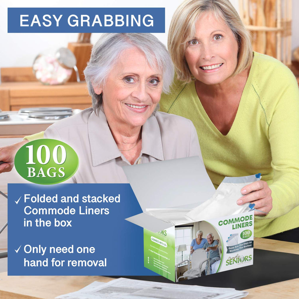 Commode Liners - 100 Strong Portable Commode Toilet Bags - Easy to Use Bedside Commode Liners - Bedside Toilet Potty Liners That Support Dignity of Seniors - No Buckets to Wash - NO Absorbent Pad
