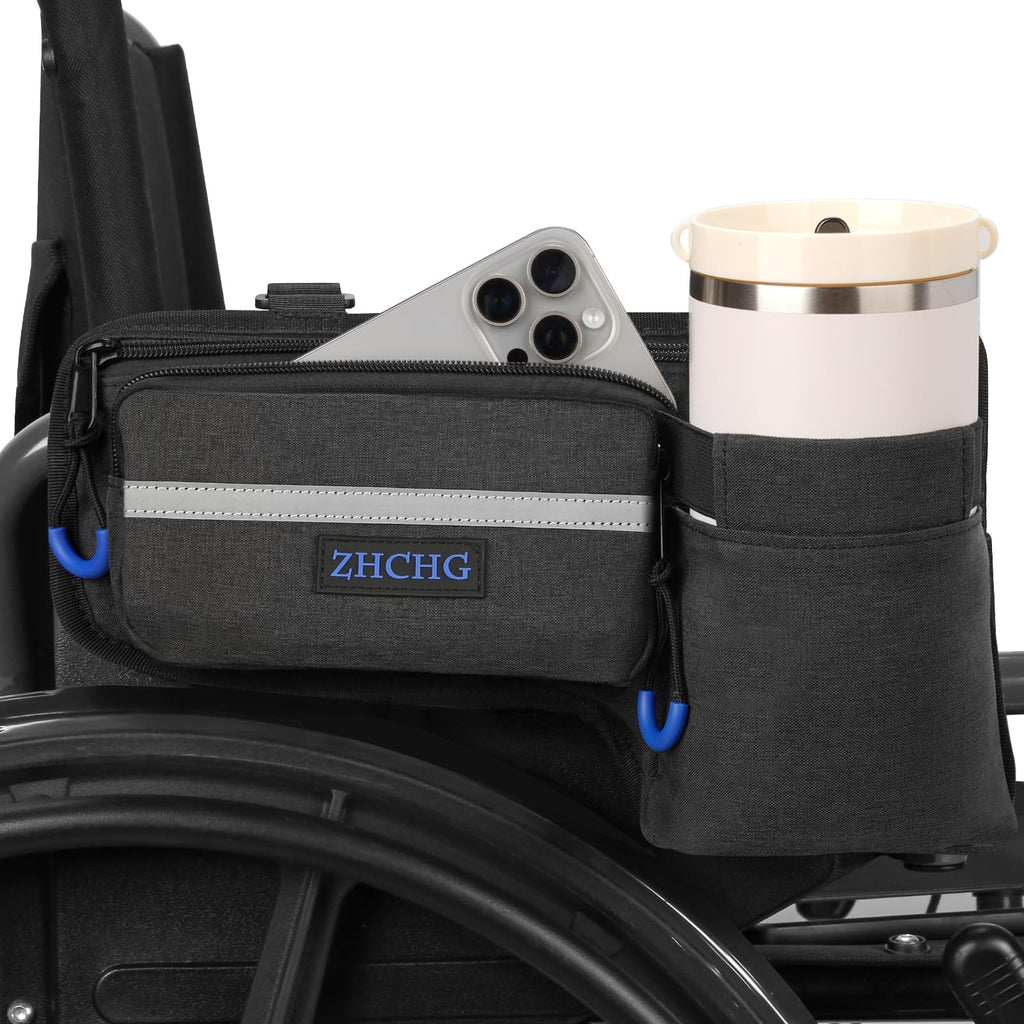 ZHCHG Upgraded Wheelchair Side Bag with Cup Holder, Wheelchair Armrest Pouch for Walker, Wheelchair Accessories Storage Bag