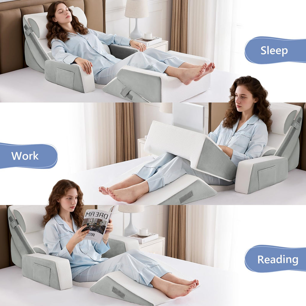 Paxato 9PCS Wedge Pillow Set for After Surgery Recovery, Adjustable Memory Foam Neck Pillow, Foam Leg Pillow, Relieves Neck, Leg Pain, Sleep Apnea, and Functions as a Reading Pillow, Gray