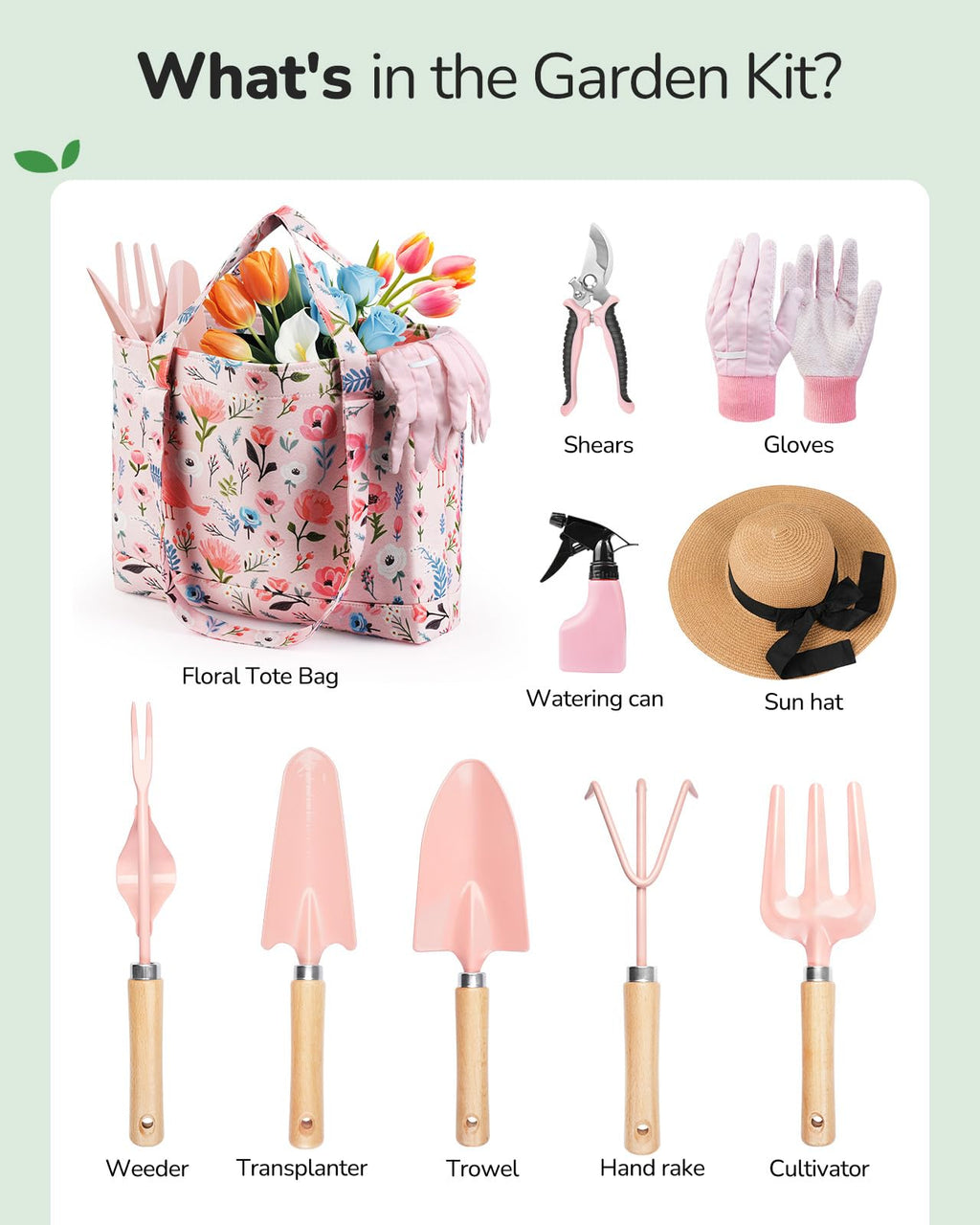 Grenebo Gardening Tools 10-Piece Garden Tool Set with Floral Bag, Pink Red