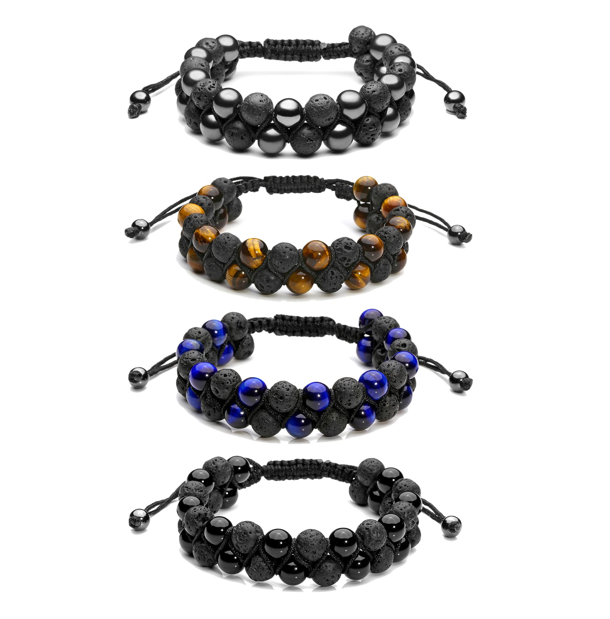 Jovivi 4pcs Mens Lava Rock Stone Essential Oil Bracelet Tiger Eye Agate Beads Double Layer Bracelets Macrame Adjustable Braided