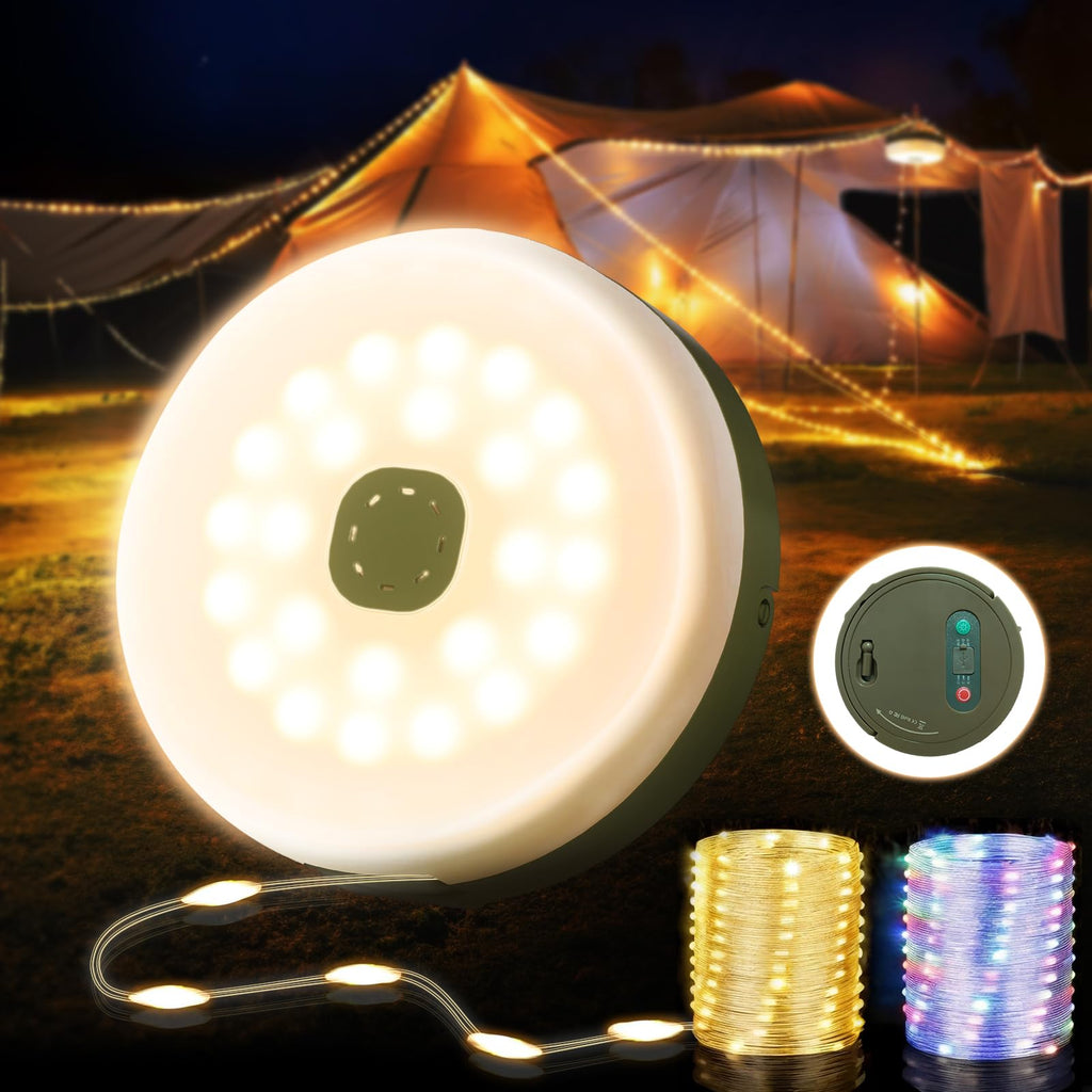 KUQIHUG Camping String Lights, Quick Storage 32.8FT Rechargeable Tent Lights with 8 Modes, Hanging Waterproof Portable LED Lamp for Outdoor Patio Awning Garden Party Camping Essentials
