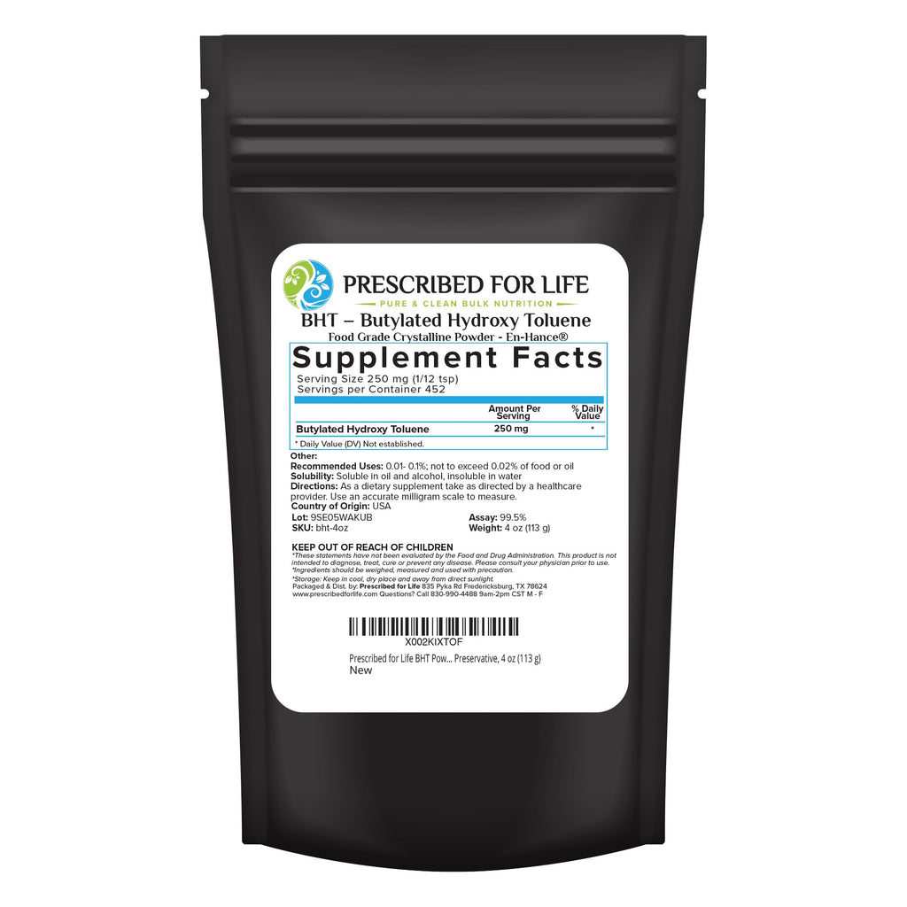 Prescribed For Life BHT Powder, Powdered Butylated Hydroxytoluene for Food Preservation, Vegan, Gluten Free, Non GMO, Unbleached, Soy Free (4oz / 113g)