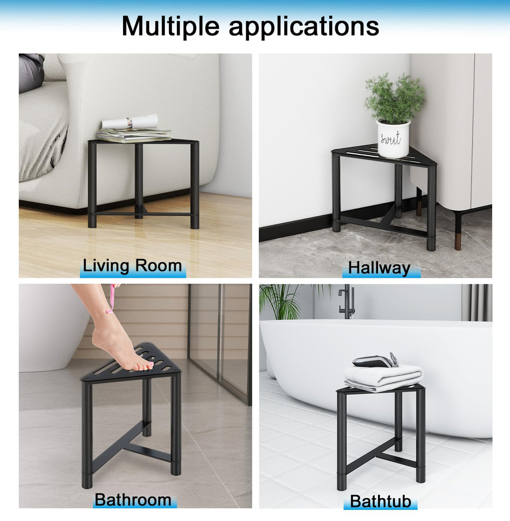 JIAPAIDUO Shower Stool for Inside Shower, 13.78" D Stainless Steel Shaving Foot Rest, Waterproof Corner Bench, Black Seat to Shave Legs with Rubber Cushion