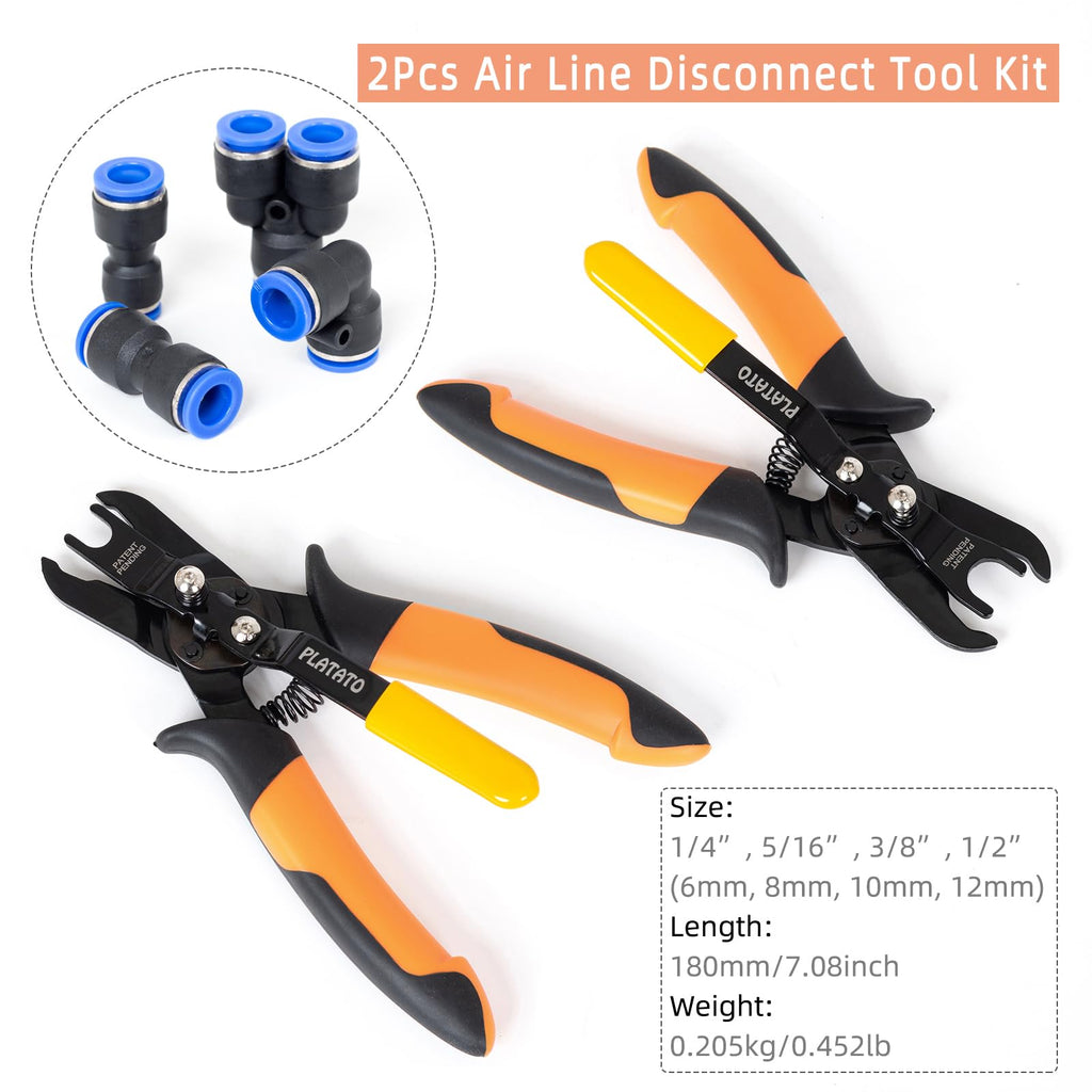 PLATATO Push to Connect Fittings Air Line Disconnect Tool Kit Push Fitting Removal Tool for 1/4”, 5/16”, 3/8”, 1/2” (6mm, 8mm,10mm,12mm) Quick Connect Release Pliers with 15 Pcs Pneumatic Fittings