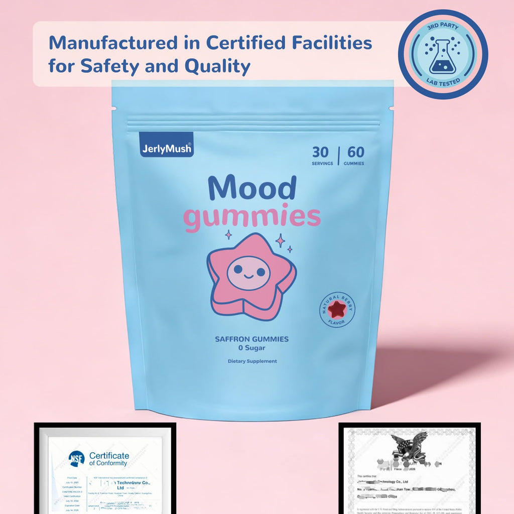 JerlyMush Saffron Gummies for Kids - Saffron with GABA, Passion Flower & St Johns Wort, Sugar Free, Support Mood & Focus Calm Gummies, Natural Berry Flavor (60 Gummies)