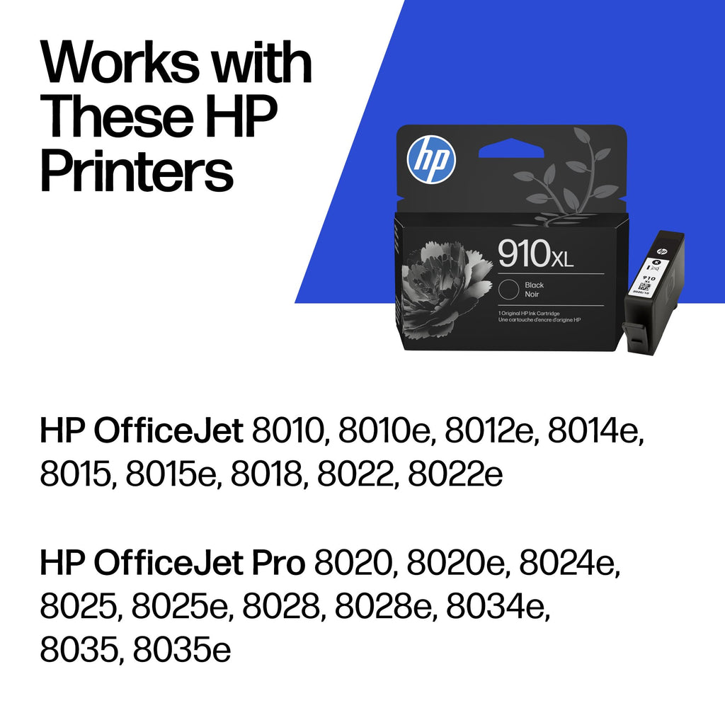 HP 910XL Black High-Yield Ink Cartridge | Works with OfficeJet 8010, 8020 Series, OfficeJet Pro 8020, 8030 Series | Eligible for Instant Ink | 3YL65AN