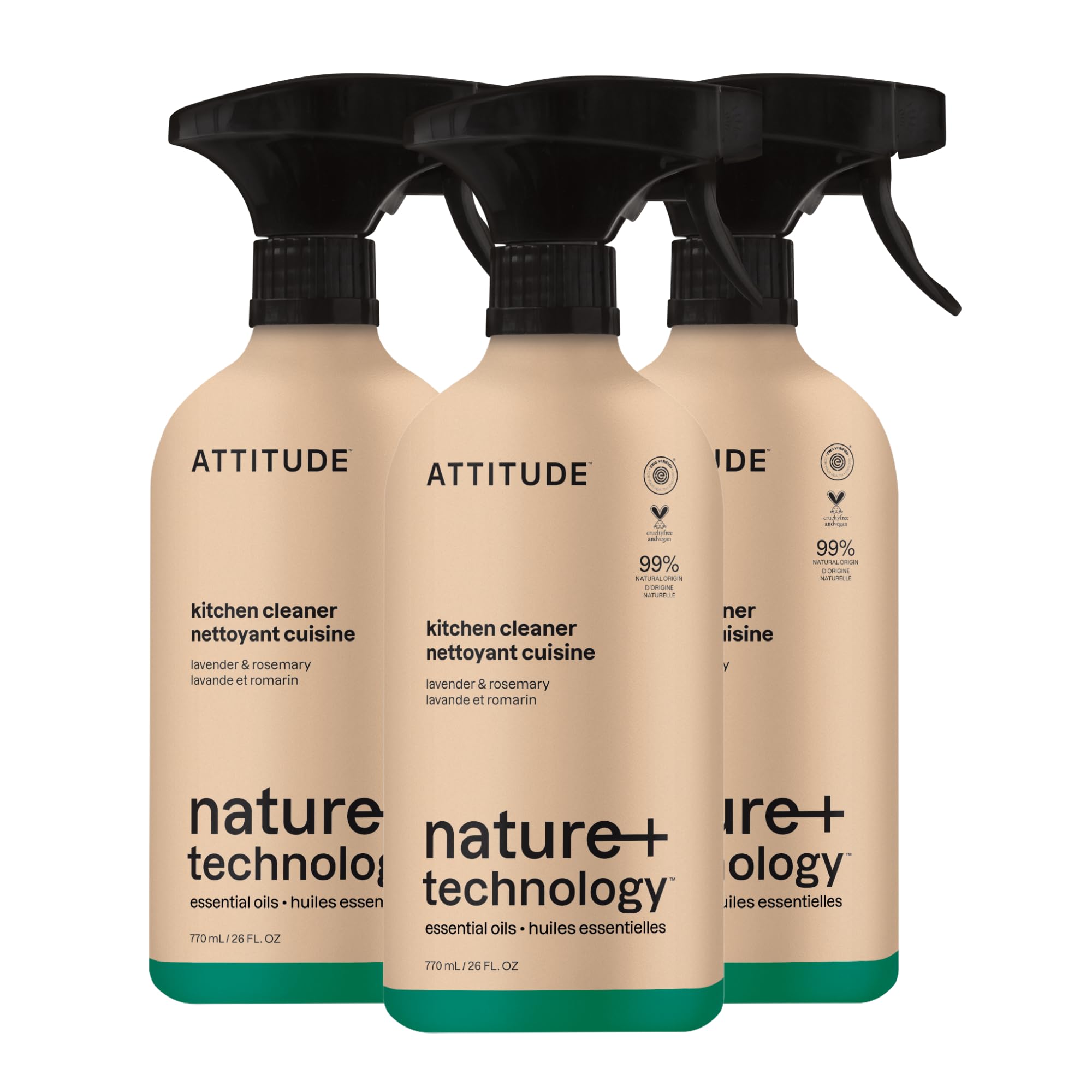 ATTITUDE Kitchen Cleaner Spray, EWG Verified, Degreaser Spray to Cut Grease & Grime, Plant-Based & Vegan, Lavender & Rosemary, 26 Fl Oz (Pack of 3)