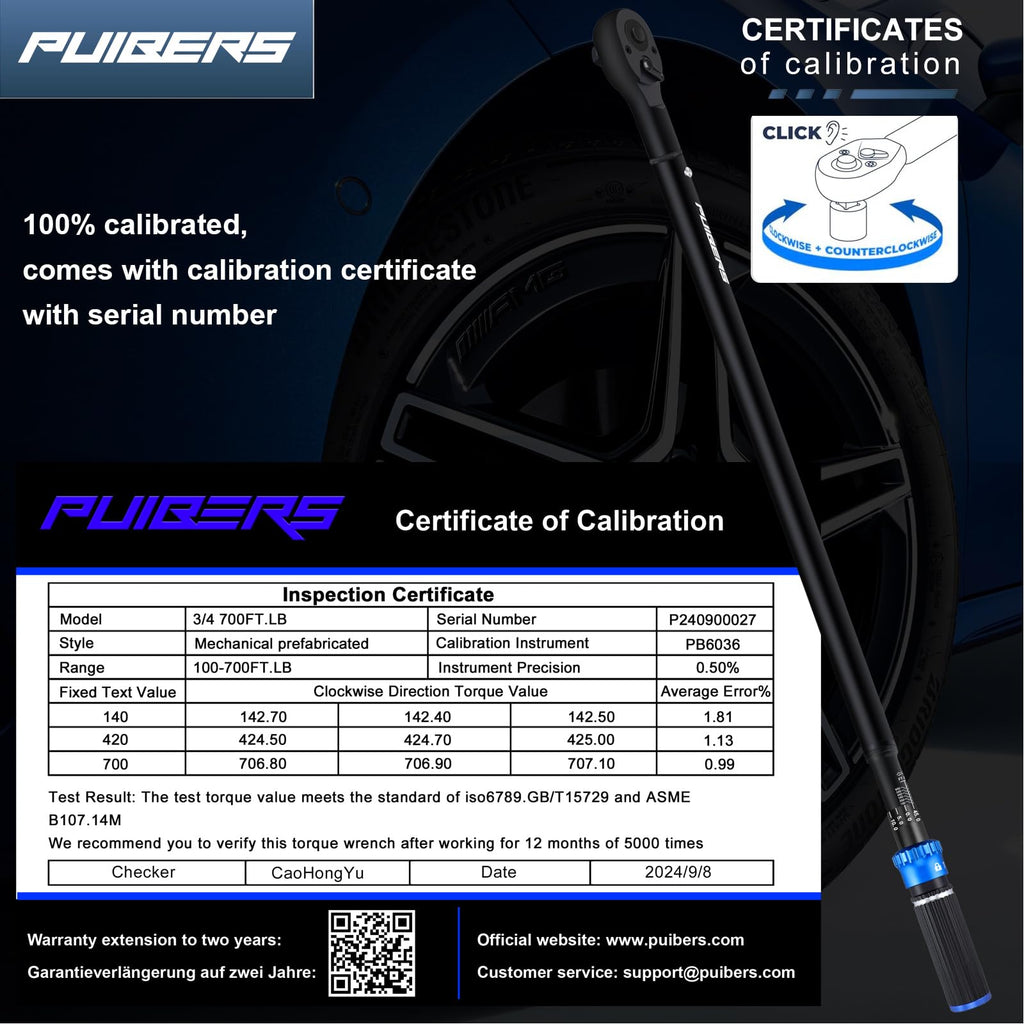 PUIBERS High Torque Wrench 3/4 Inch 100-700 ft, 3/4 Torque Wrench for Car, Truck, Tractor, Accuracy ± 3% Two Directions Adjustable 48 Teeth Precision Instruments Wrenches