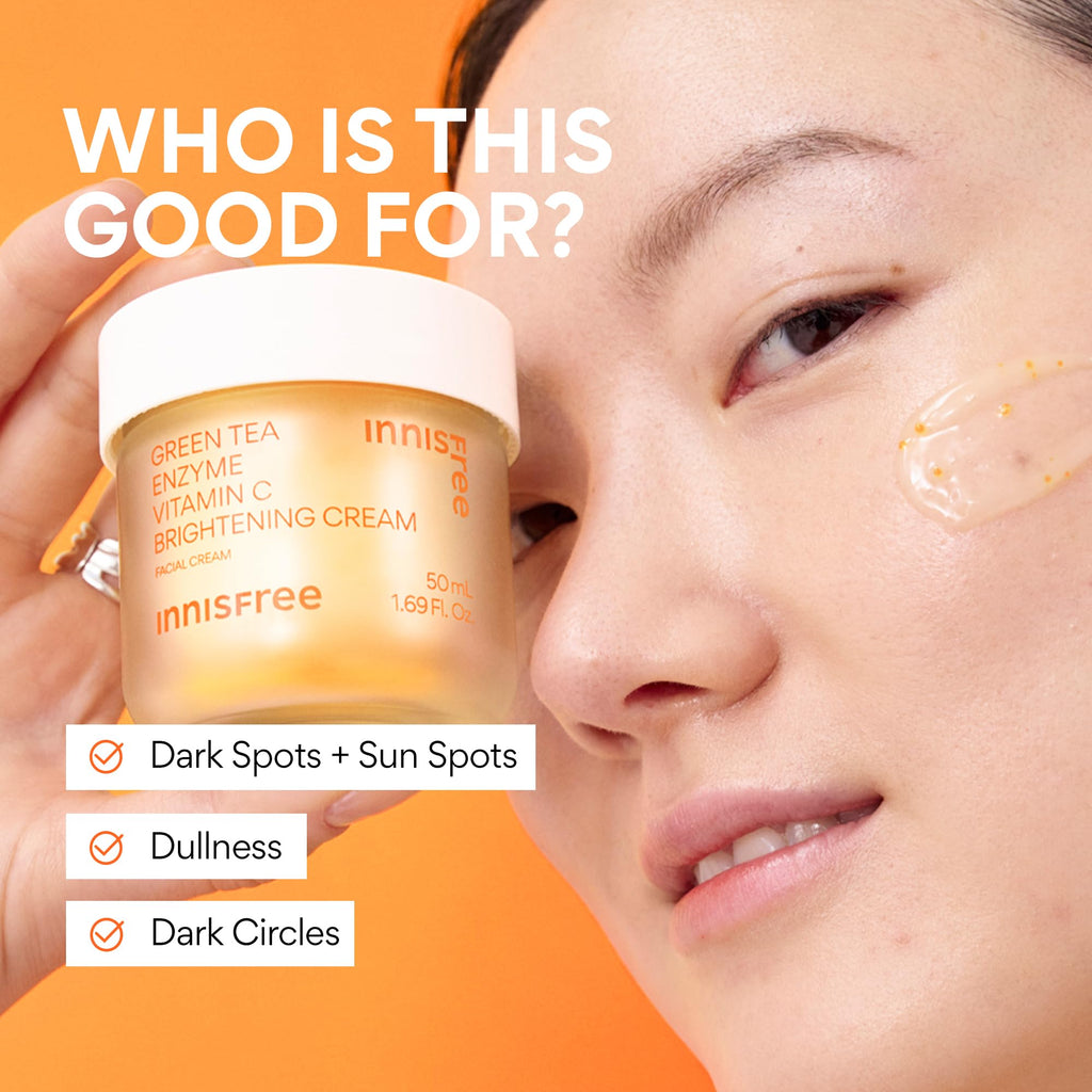 innisfree Green Tea Enzyme Vitamin C Brightening Cream, Korean Face Moisturizer for Dark Spots, Hydration & Radiant Skin
