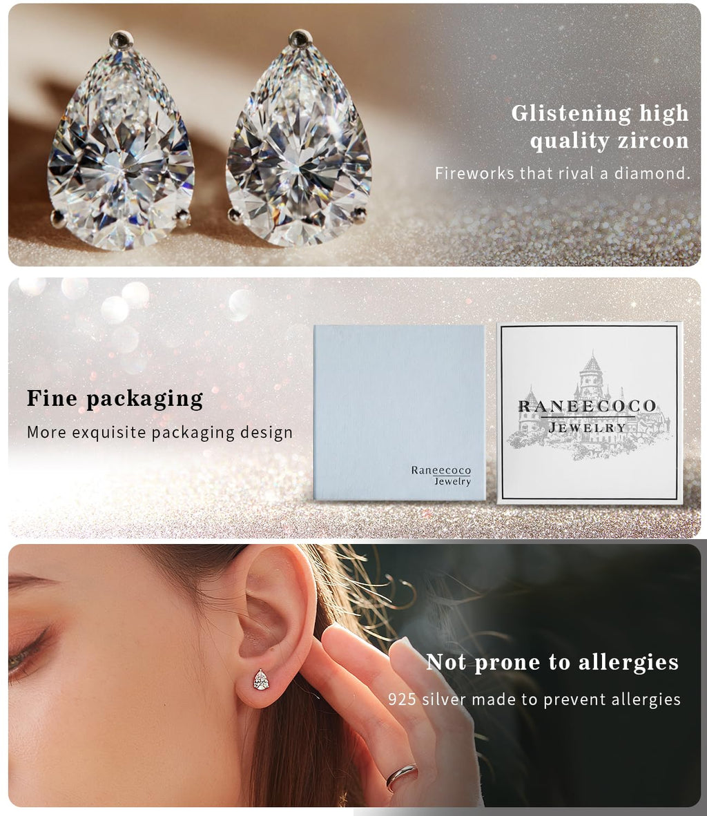 "STUNNING FLAME" 18K White Gold Plated 925 Sterling Silver Cubic Zirconia Pear Cut Stud Earrings | Teardrop CZ Studs for Women（Pear，6）