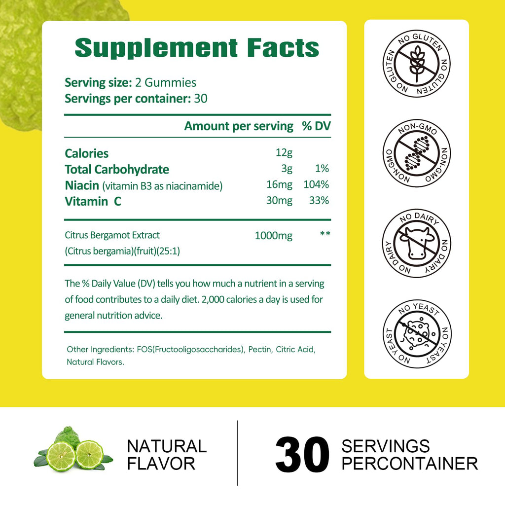Sugar Free Citrus Bergamot Gummies - All Natural Supplements 25:1 Extract from Italian Bergamot Supplement for Healthy Anti-Aging Sugar-Free Vegan