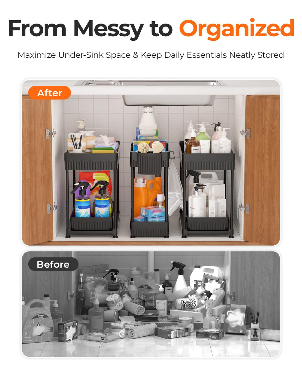Sevenblue 3-Pack 2-Tier Under Sink Organizers with Sliding Drawers