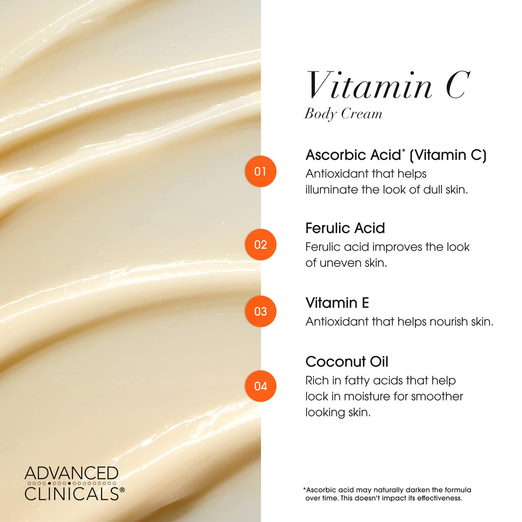 Advanced Clinicals Brightening Vitamin C Body Cream + AHA Exfoliating 10% Glycolic Acid & Lactic Acid Lotion 2PC Skincare Set For Women & Men To Reduce Appearance Of Dark Spots & Uneven Skin Tone
