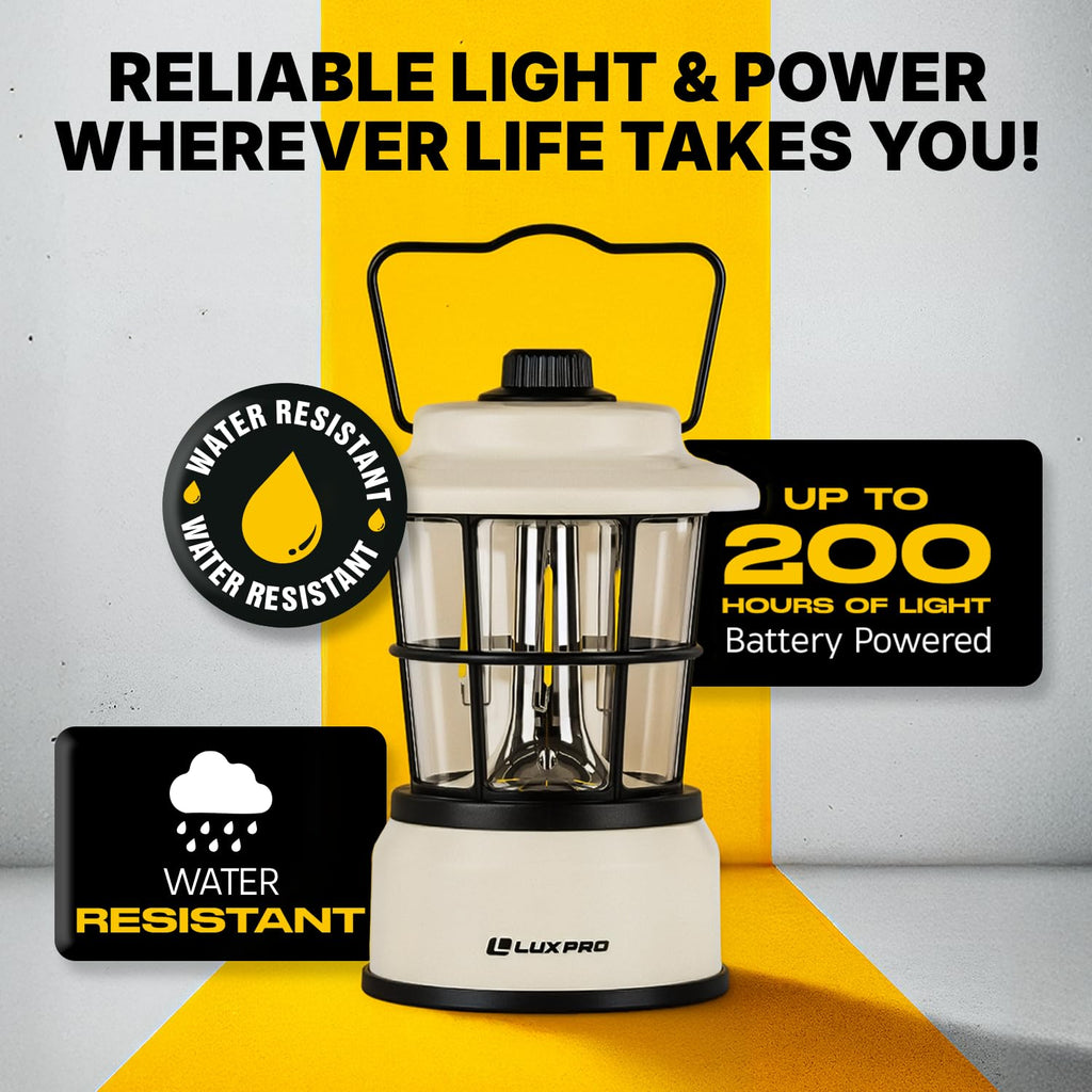 LUXPRO Retro LED Lantern - Battery-Powered Emergency Lantern - Water Resistant - Bright LED Lamp for Indoor & Outdoor Use - Use for Tents, Hiking or Hurricane Prep (Beige, Pack of 1)