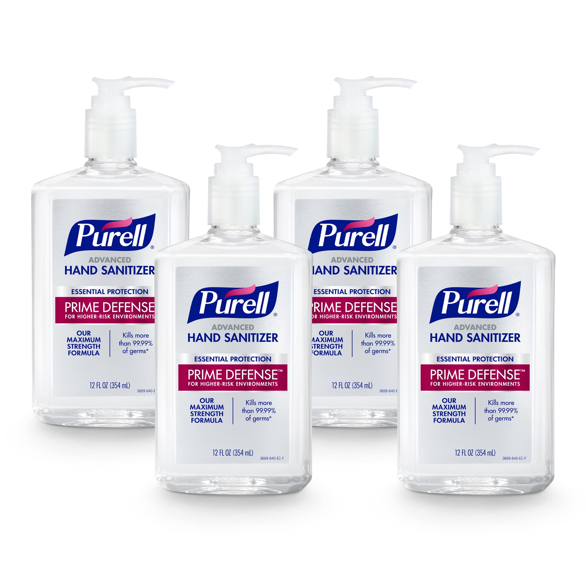 Purell Prime Defense Advanced Hand Sanitizer, Essential Protection, 12 fl oz Pump Bottles (Pack of 4) - 3699-06-EC2