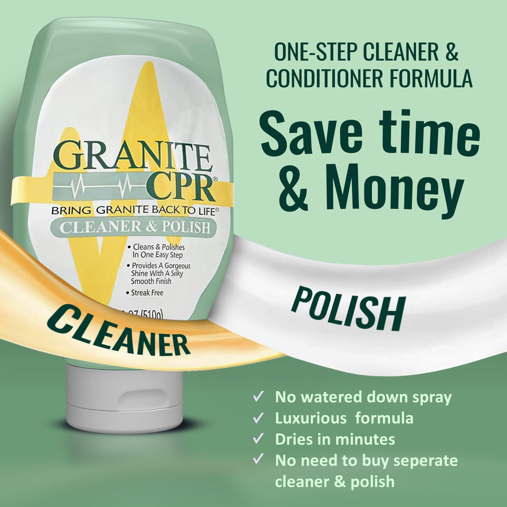Granite CPR Cleaner & Polish Can Be Used Daily On Granite, Marble, Quartz & Corian. Leaves A Gorgeous Streak-Free Shine & Silky Smooth Finish. Cleans & Polishes All Stone Countertops In One Easy Step.