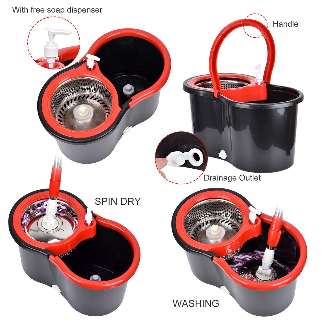 Mop and Bucket Set, 360° Spin Mop and Bucket with Wringer Set and 3 Microfiber Mop Refills, Stainless Steel 61" Extended Handle Spinning Mop Bucket System for Floor Cleaning