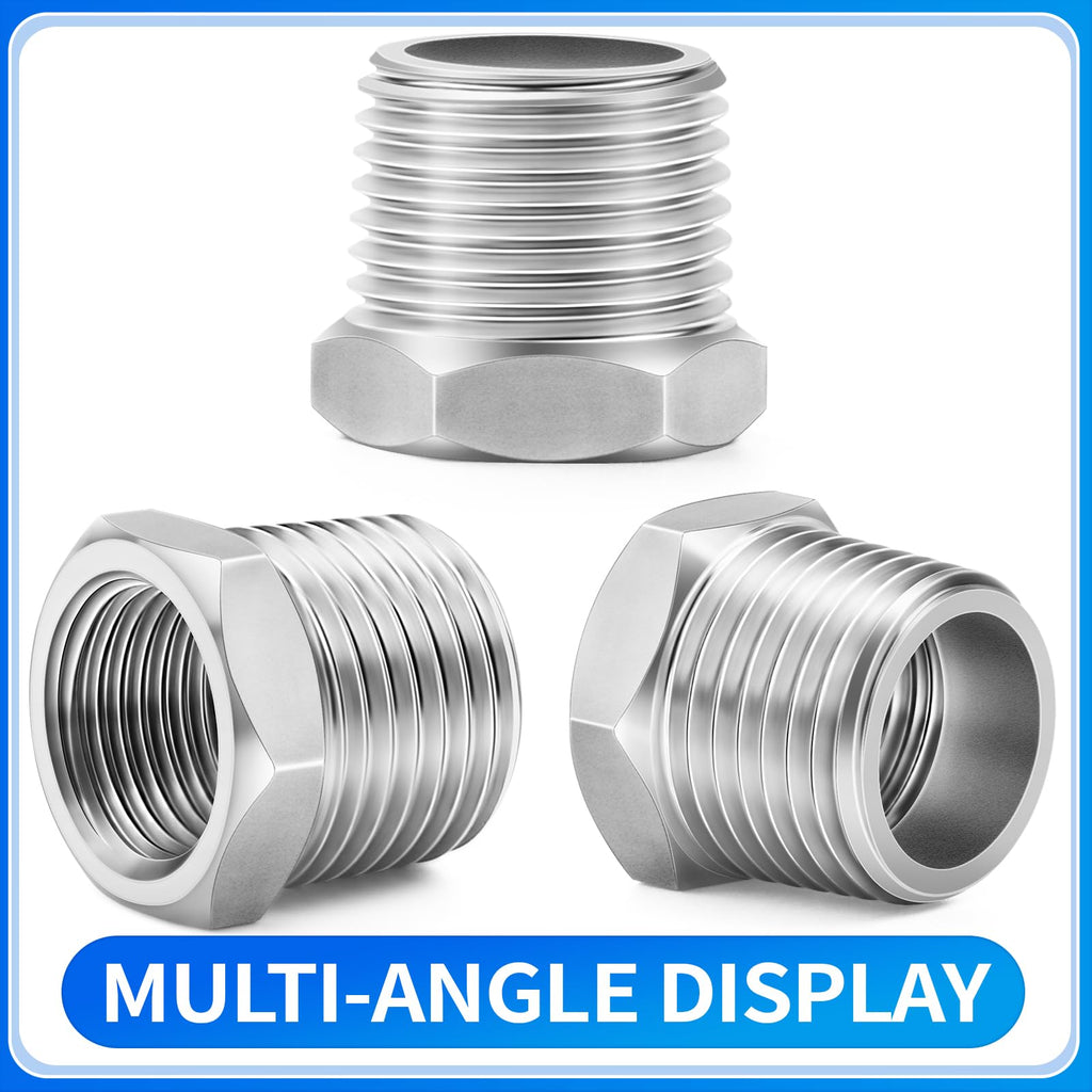 ChillWaves 304 Stainless Steel Pipe Fitting, Reducer Hex Bushing 1/2" NPT Male x 3/8" NPT Female Thread Adapter(12-PACK)