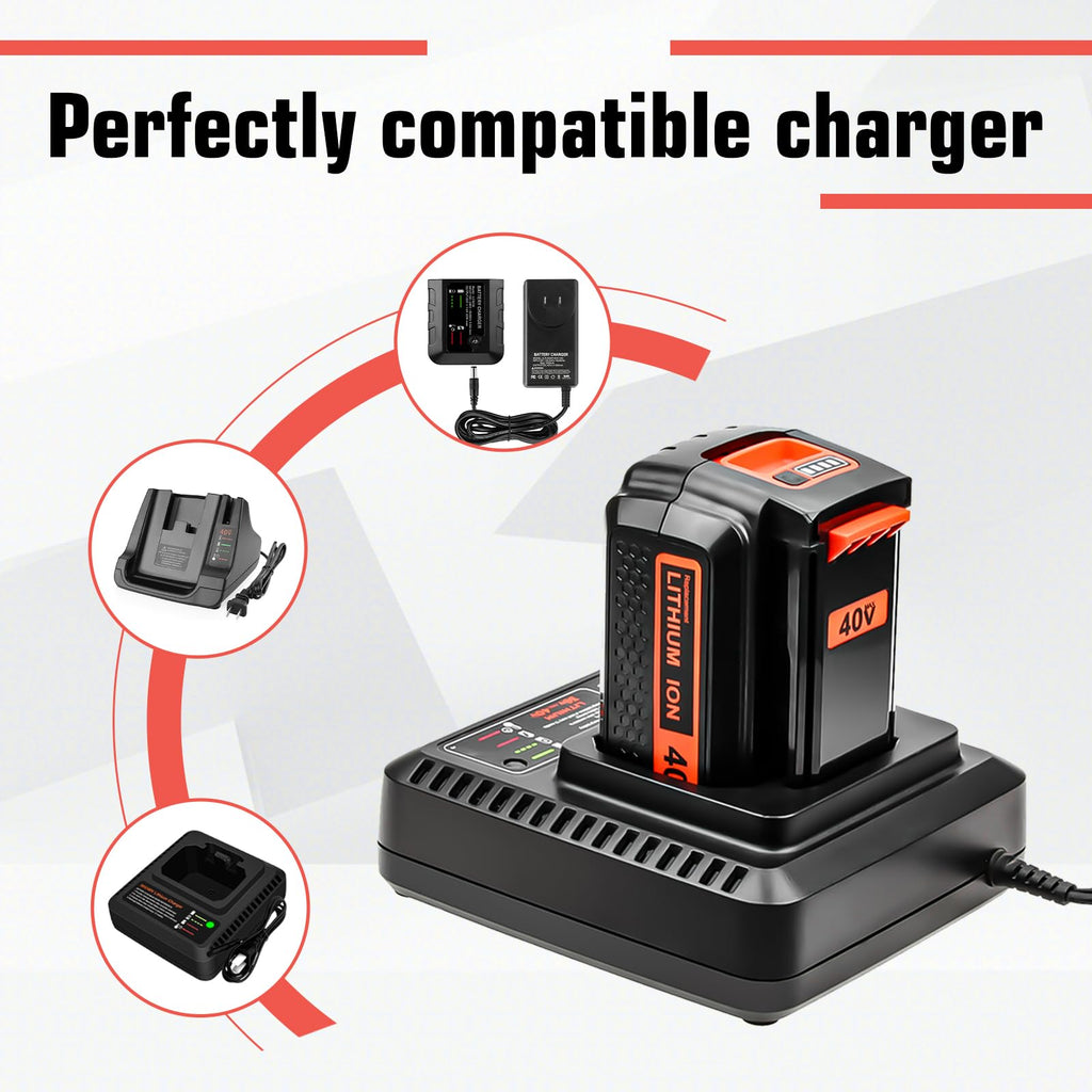 2Pack 40V 3.6Ah Replacement Battery and Charger for Black and Decker 40V Battery Lithium LBX2040 LBXR36 LBXR2036 LST540 LCS1240 LBX1540 Compatible with Black Decker 40V String Trimmer Tool(3Pack)