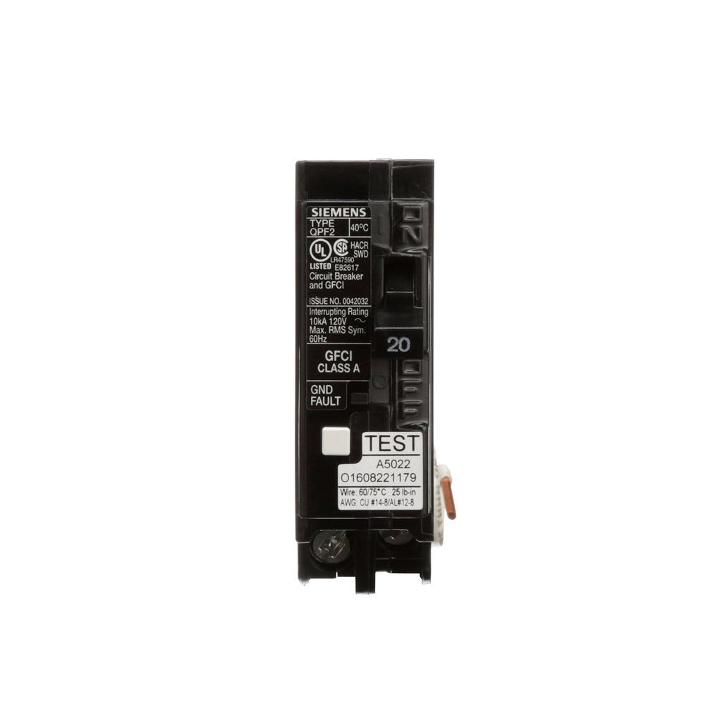 SIEMENS QF120A Gfci Circuit Breaker, Plug In, Self Testing, 20 Amp, 1-Pole, 120 Volt