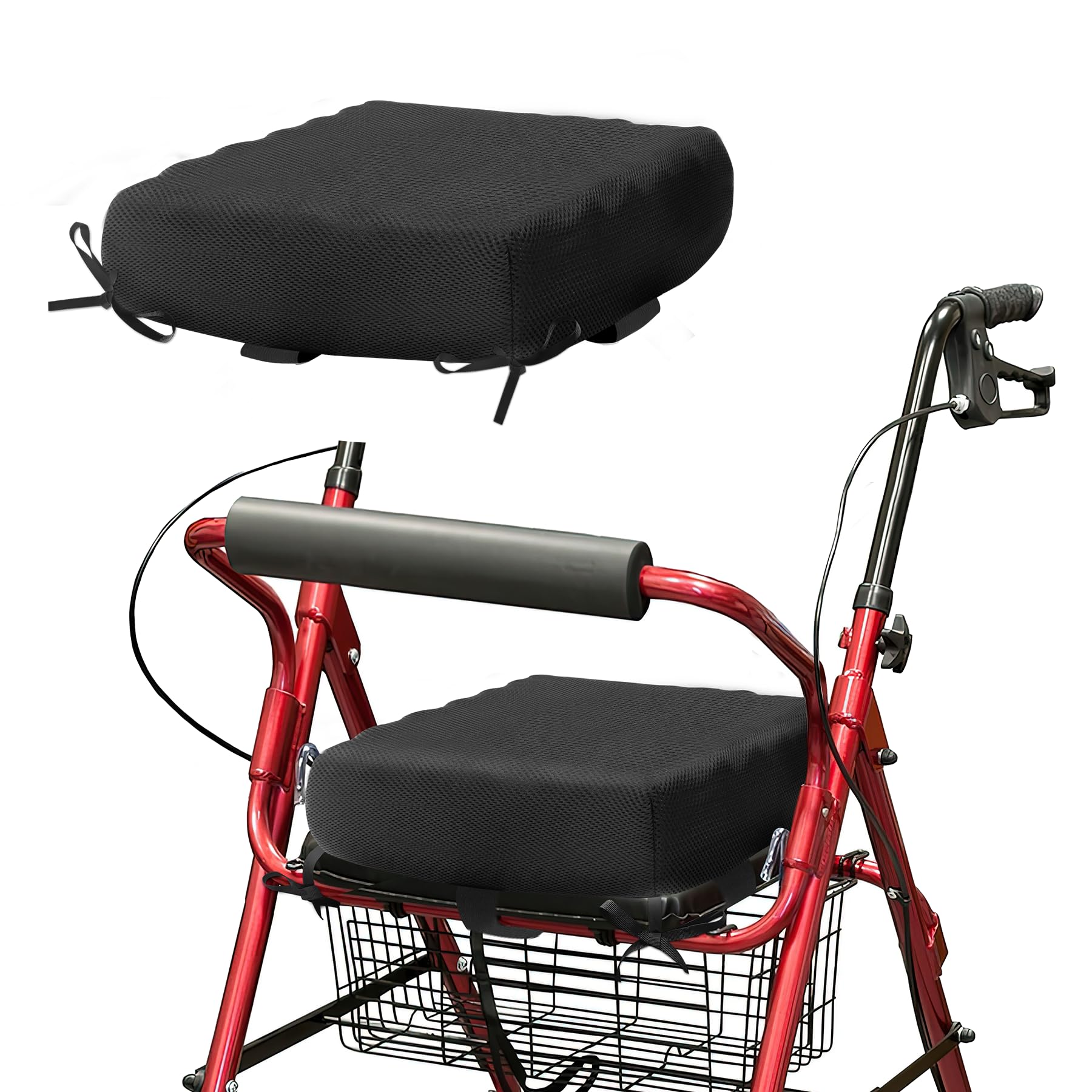 Rollator Walker Seat Cushion 12x12x3.5 Inch Support Pad with Breathable Mesh Cover, Adjustable Straps for Secure Fit(Black)