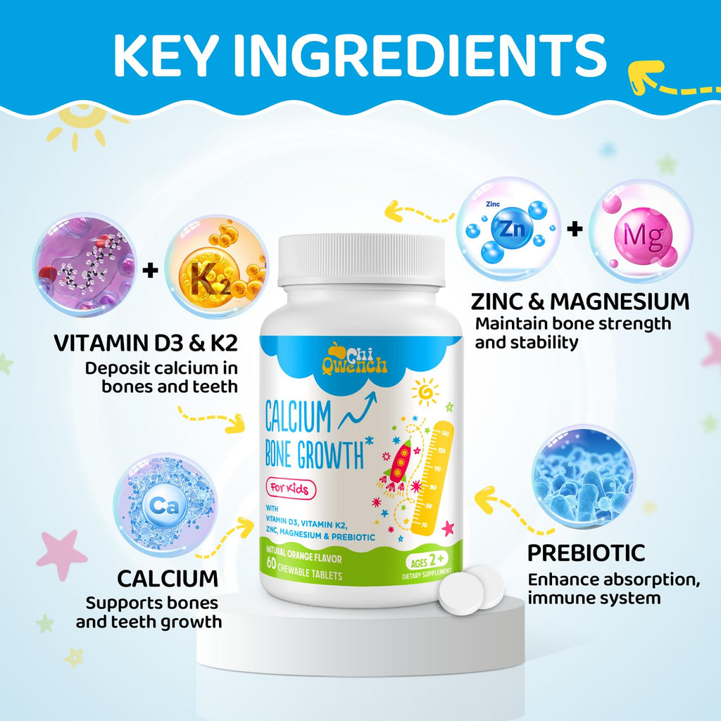500 MG Calcium Supplement with Vitamin D3 & K2, Zinc, Magnesium & Prebiotics. Kids Vitamins for Kids' Height. Bone Strength, High Absorption, Orange Chewables, Gluten Free, 120 Tabs
