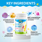 500 MG Calcium Supplement with Vitamin D3 & K2, Zinc, Magnesium & Prebiotics. Kids Vitamins for Kids' Height. Bone Strength, High Absorption, Orange Chewables, Gluten Free, 120 Tabs