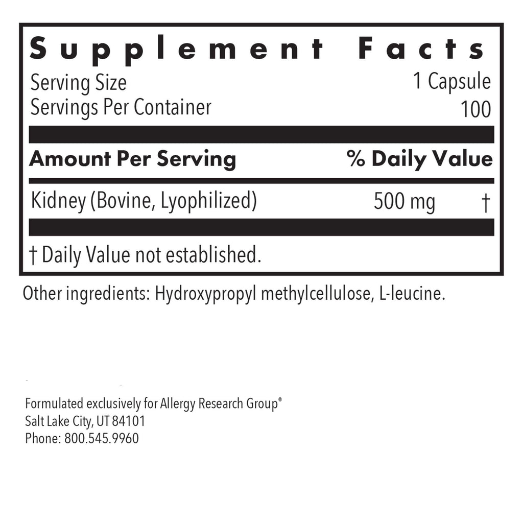 Allergy Research Group ARG Kidney Beef - Kidney Glandular Supplement - Freeze-Dried Organ Extract - Renal & Fluid Balance Support - Lyophilized Formula - Hypoallergenic - 100 Servings - 100 Vegicaps