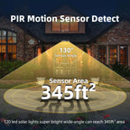 HMCITY 120 LED Outdoor Solar Lights- with Motion Sensor and 3 Lighting Modes, IP65 Waterproof Wide Solar Wall Lights Ideal for Garden Patio Yard (Front Button 4Packs, Black Shell-Warm White)