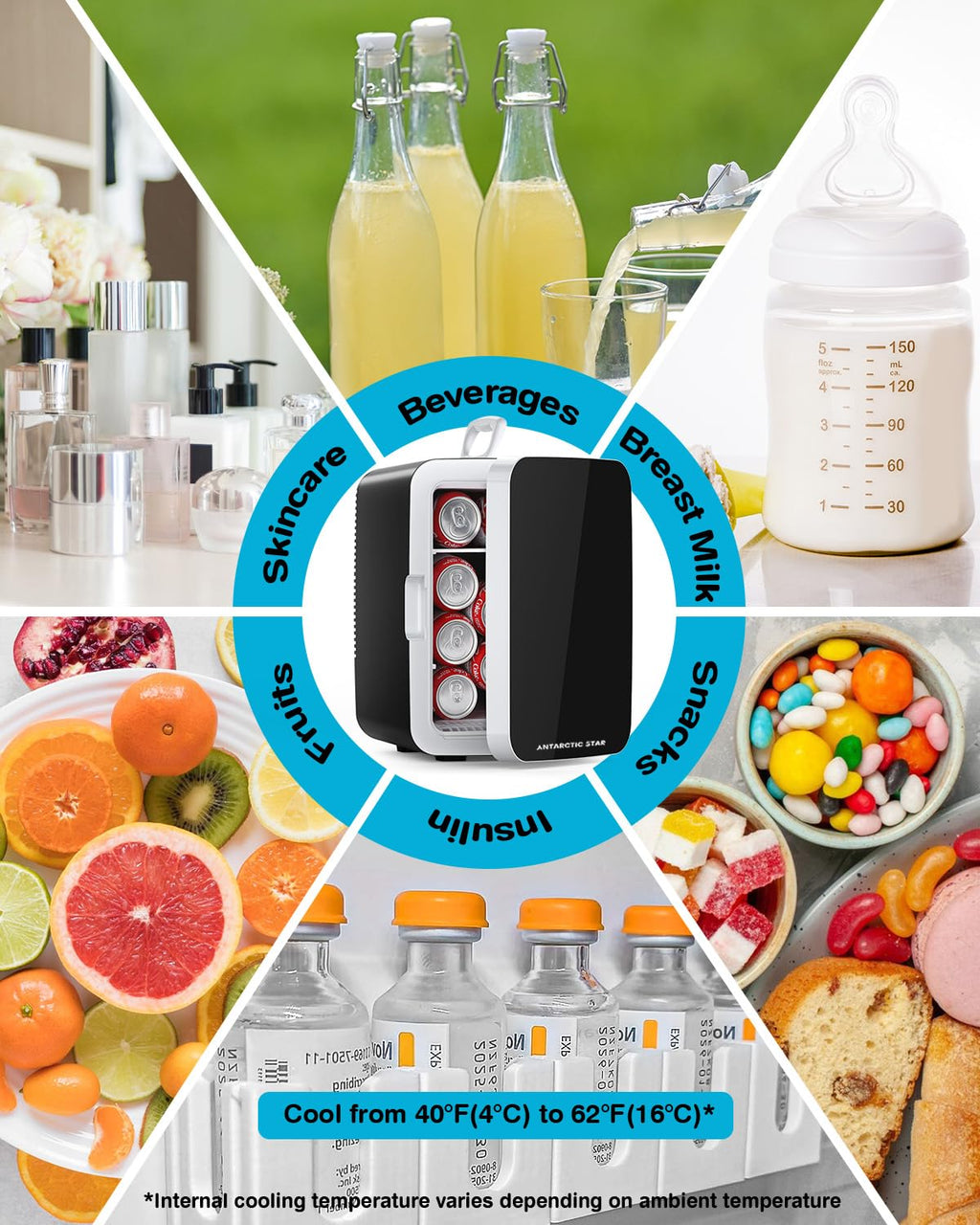 Antarctic Star Compact Mini Fridge, 10L Portable Small Refrigerator, 2.6 Gal Desktop Fridge with AC/DC Adapters, Small Cosmetics Cooler for Beverage, Food, Makeup, Bedroom, Office, Dorm, Black