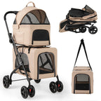HAPPAWS 4-in-1 Double Pet Stroller with 2 Detachable Carriers, Foldable Dog Cat Travel Stroller for Small Medium Pets, Travel Cat Bag with Safety Belt & Lockable Wheels, Beige