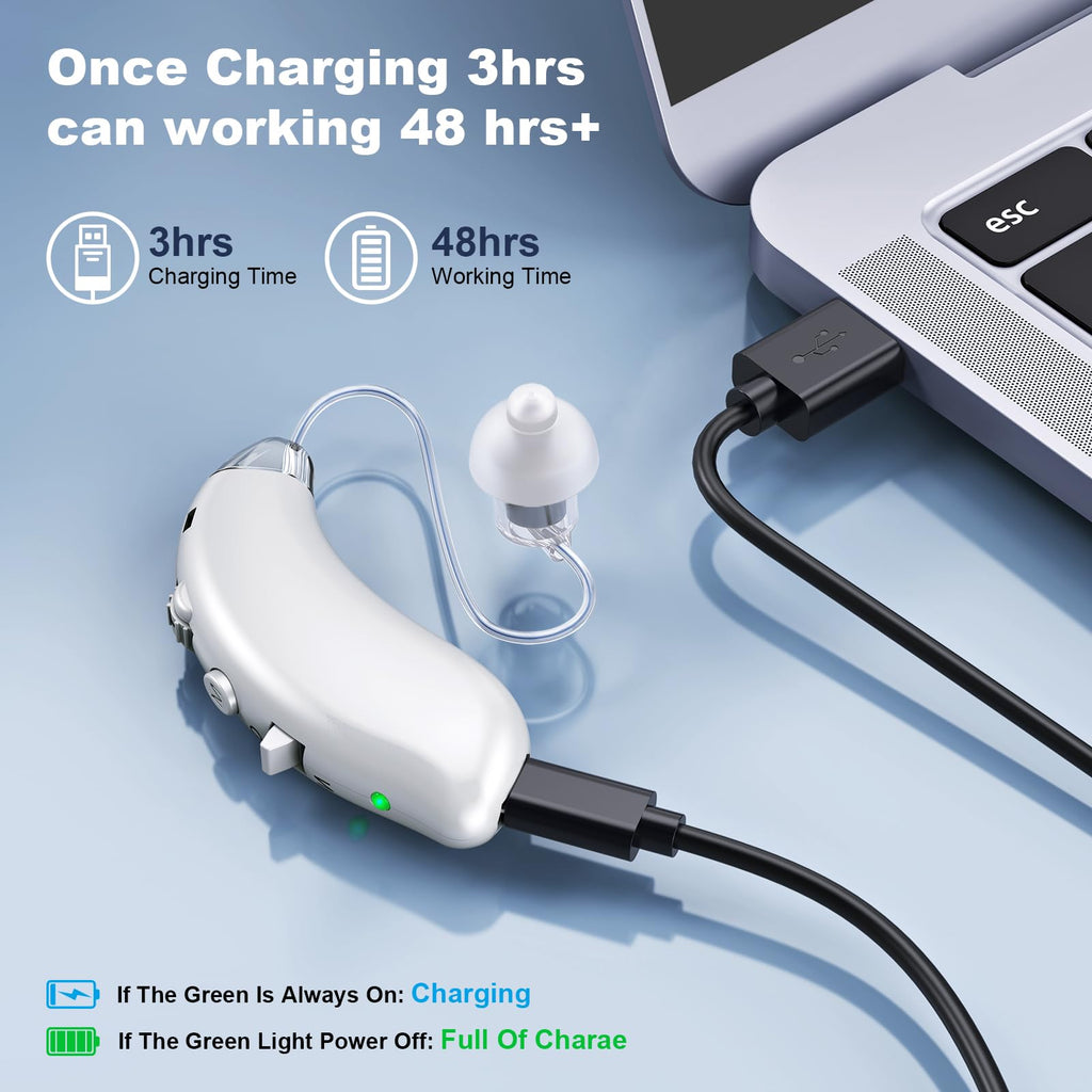 Digital hearing aids for Seniors with noise reduction, rechargeable BTE hearing aid for adults with hearing loss with volume control.