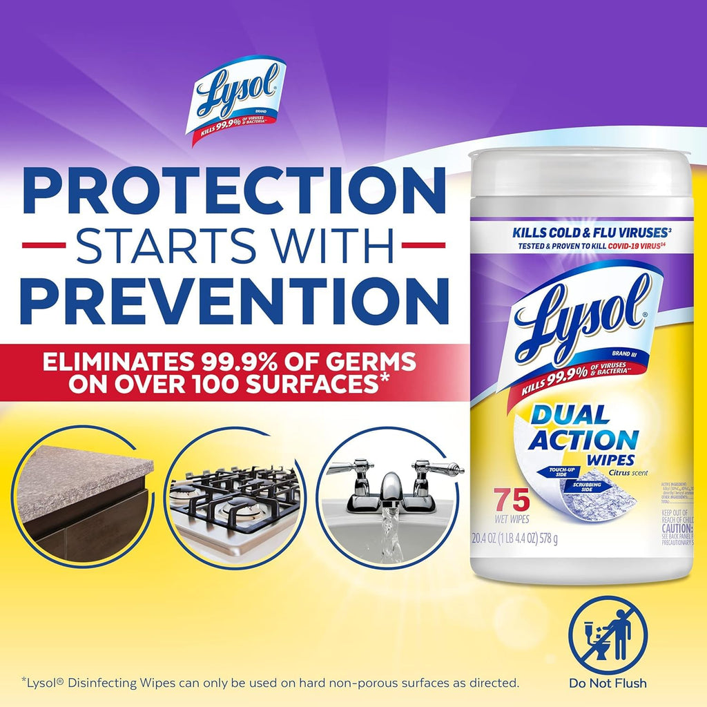 Lysol Dual Action Disinfectant Wipes, Multi-Surface Antibacterial Scrubbing Wipes, Dorm Room Essentials, Citrus Scent, 75ct (Pack of 4), Packaging May Vary