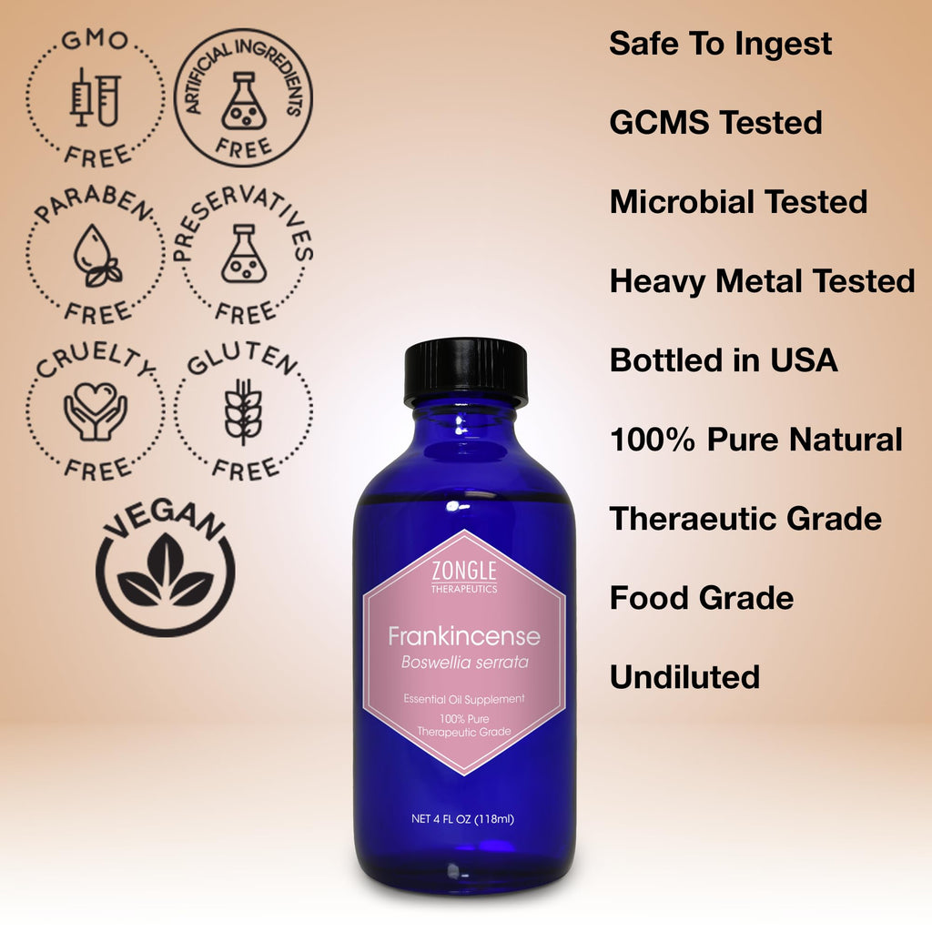 Frankincense Essential Oil, Food Grade, for Face, Dark Circles – 100% Pure, Frankincense, Resin, Oil, Boswellia Serrata, Edible, by Zongle Therapeutics, 4 OZ