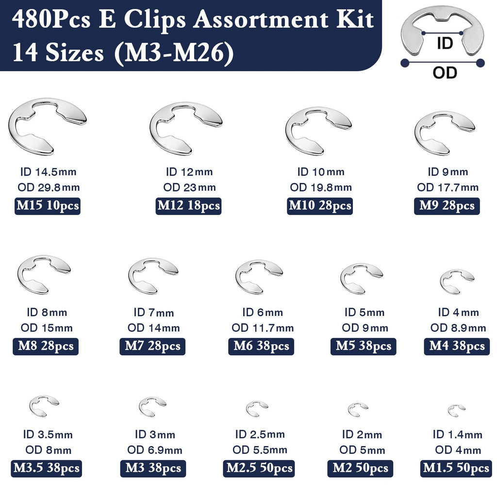 ZQZ E Clips Assortment Kit (M1.5-M15), 480 Pcs External Retaining Rings Set