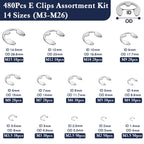 ZQZ E Clips Assortment Kit (M1.5-M15), 480 Pcs External Retaining Rings Set