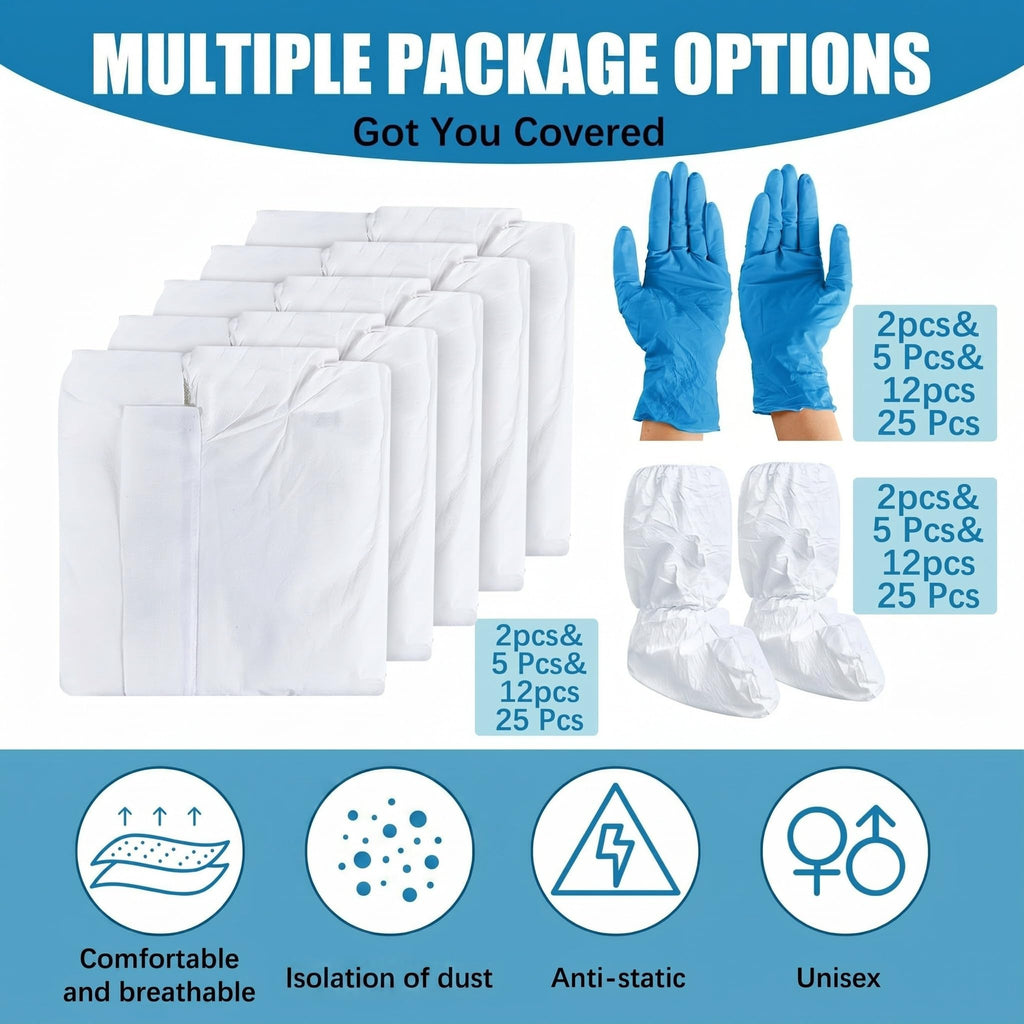 TrelaCo 12 Sets Hazmat Suit Disposable Protective Coveralls Full Body Paint Suit with Hood Shoe Cover and Glove Breathable Coverall (XL,White)