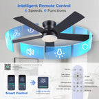 Ayaoty Ceiling Fans with Lights - 48" Black Flush Mount Ceiling Fan Light with 6 Speeds 3CCT Dimmable, Revesible Motor, Low Profile Fan Light for Modern Indoor Bedroom, Kitchen