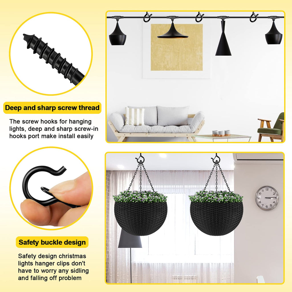 cyrico Hooks for Outdoor String Lights, 20 Pack Cup Screw Hooks for Hanging Plants Fairy Led Party Christmas Lights Garage Wind Chimes Black Q Hanger with Safety Buckle Design Easy to Release