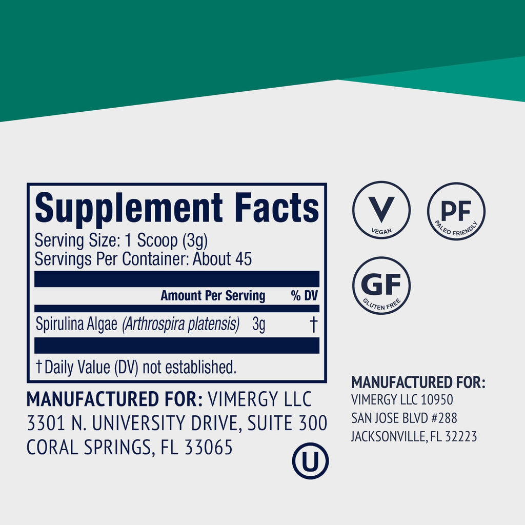 Vimergy Spirulina Powder – Concentrated Plant Protein Supports Immune Health & Cardiovascular Function – Vegan, Kosher, Gluten-Free – 135g