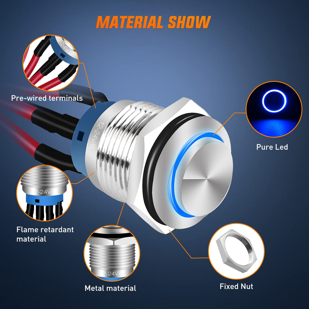 Nilight 19mm Push Button Switch 5PCS with Pre Wired Harness 12V 24V Stainless Steel Self Locking Latching LED Round Switches SPDT 4Pin Waterproof Metal Switch for Boats Cars Truck, 2 Years Warranty
