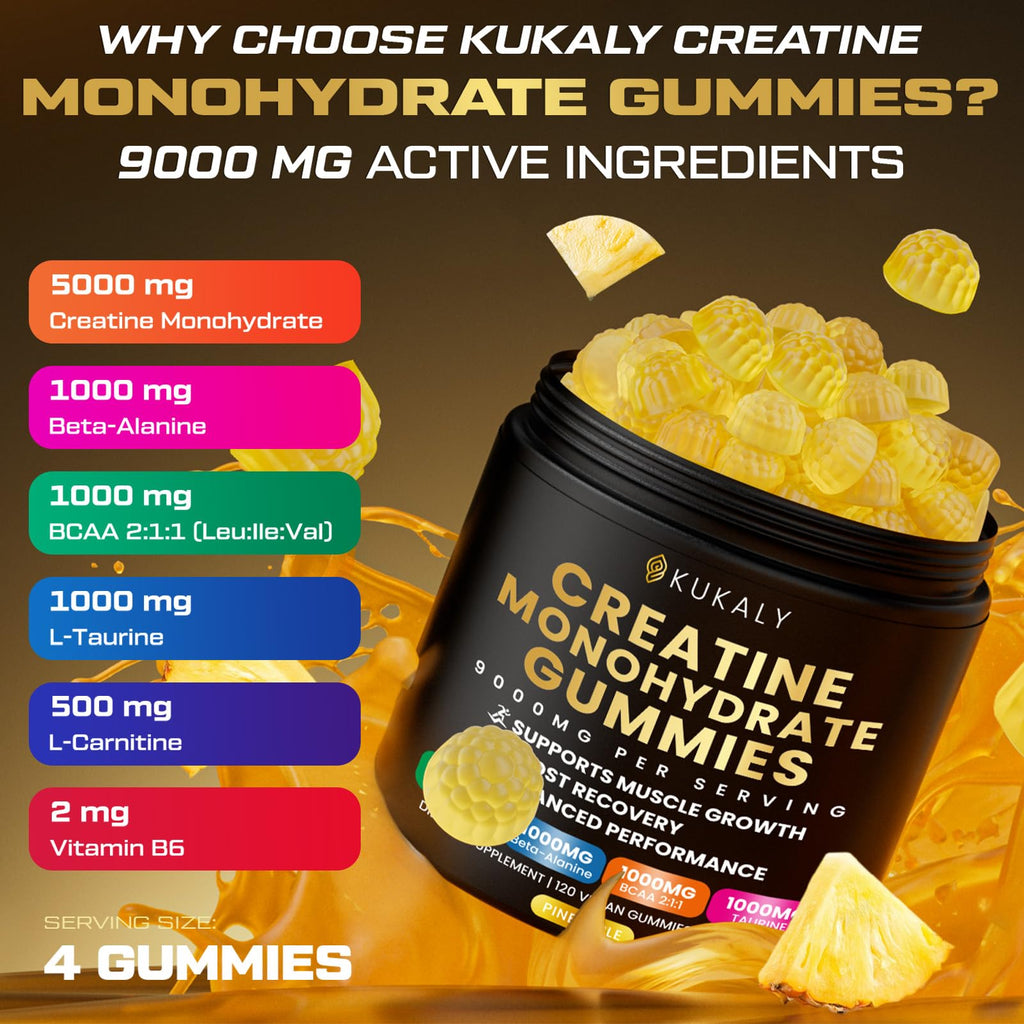 ZyterX Creatine Monohydrate Gummies for Men & Women, 9000MG Creatine Gummies Sugar Free with L-Taurine, BCAA 2:1, B12 B6 for Boost Strength, Focus & Endurance, Vegan, Non-GMO, Pineapple 120pcs