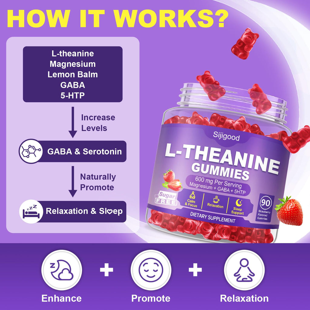 Sijigood 90 Count | L-Theanine Gummies for Kids & Adults, Strawberry Flavor